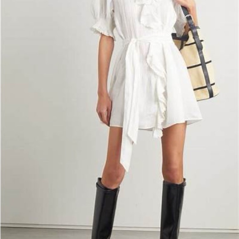 DÔEN Piper Belted Ruffled Ramie Mini Dress — Ivory | Size S | Perfect Condition